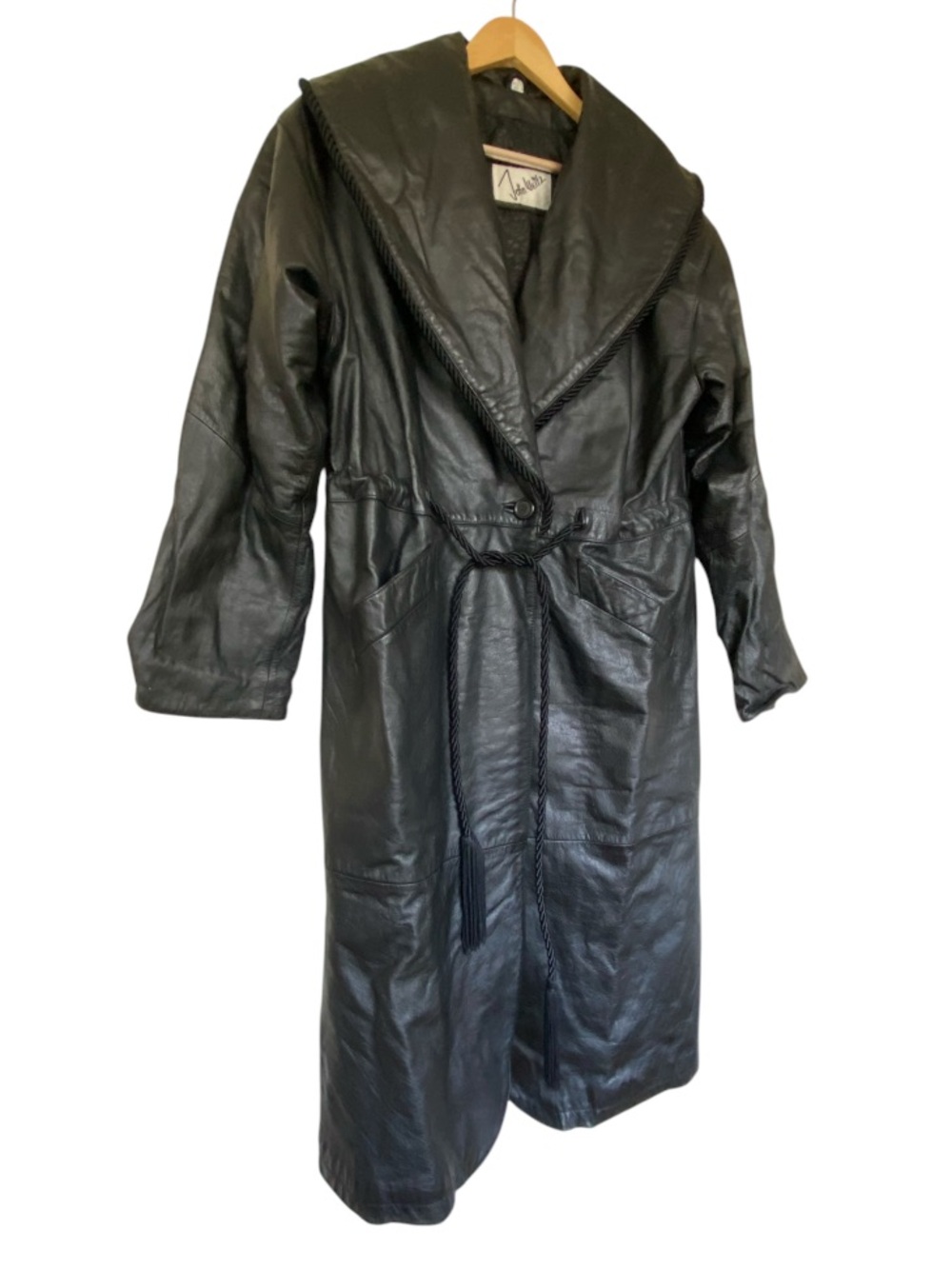 JOHN WEITZ Vintage Black Leather Long Trench Coat with Shawl Collar Size S